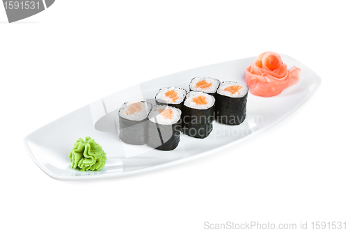 Image of Sushi (Roll syake maki) on a white background