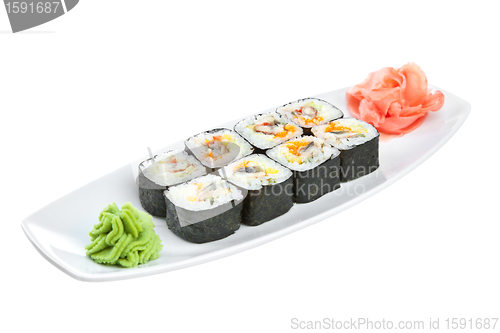 Image of Sushi (Roll unagi maki) on a white background