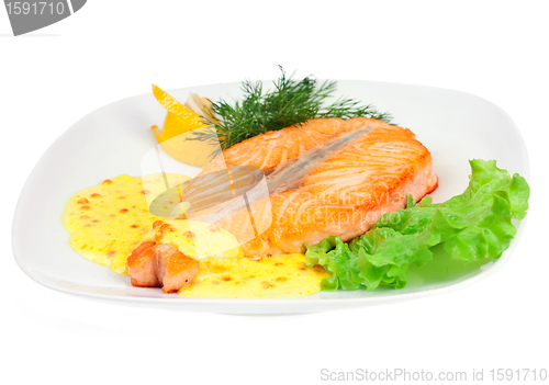 Image of Tasty fillet of a salmon on a white