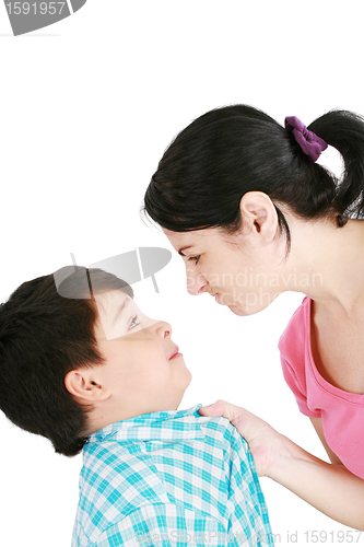 Image of Boy confronts his mother isolated on white background 