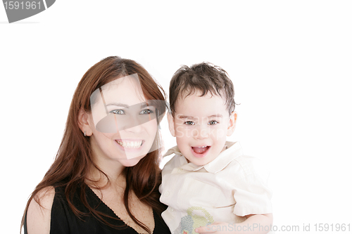 Image of Bright picture of happy mother and little son over white 