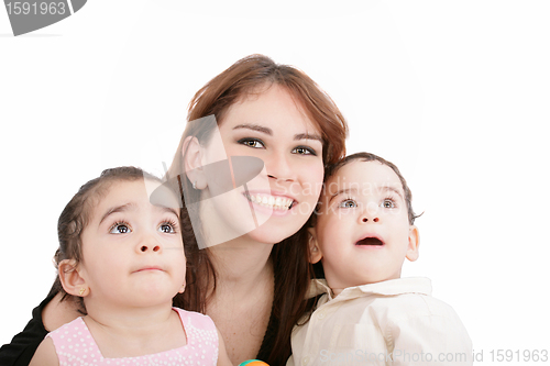 Image of children with mother on white background 