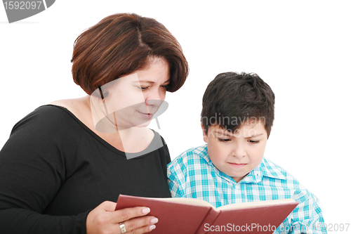 Image of Mother with the son reading the book 