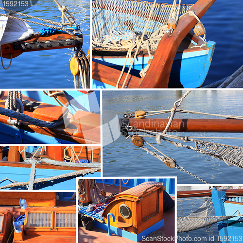 Image of mixed collage of details of an old sailboat