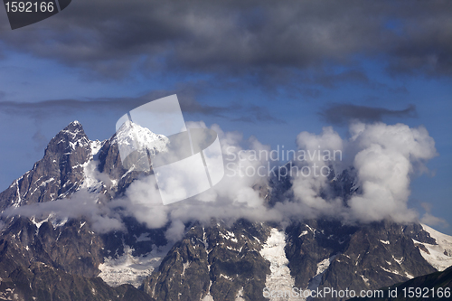 Image of Mt. Ushba in clouds, Caucasus Mountains, Georgia, Svaneti.