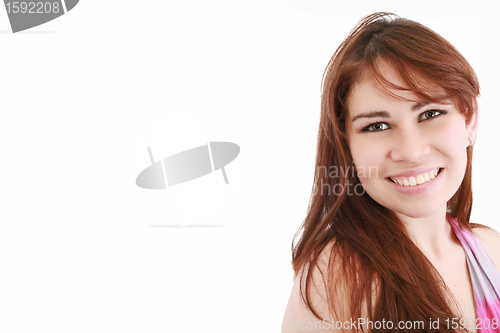 Image of Portrait of beautiful woman isolated on white looking at copyspa