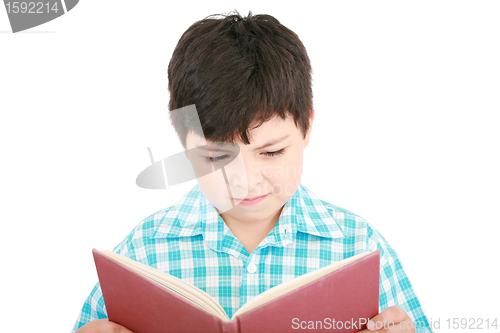 Image of Small boy reading a book on a white background 