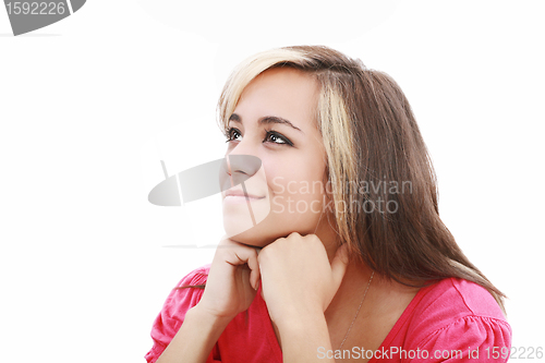 Image of teenager think positive, isolated on white