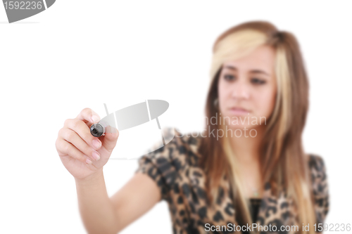Image of Young woman business hand with pen mark the check boxes. Hands o