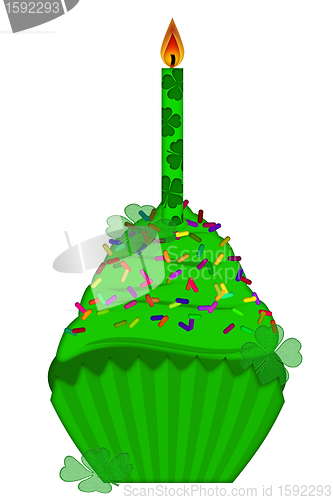 Image of St Patricks Day Cupcake with Candle and Colorful Sprinkles