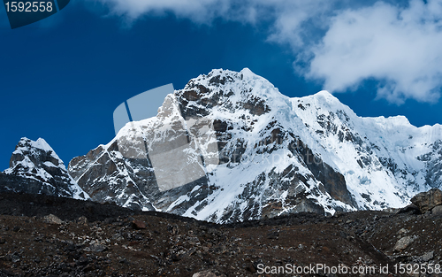 Image of Snowed up mountain peaks and clouds in Himalayas