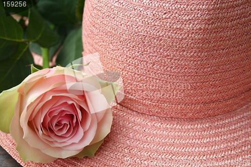 Image of Pink hat with decoration of lovely pink rose