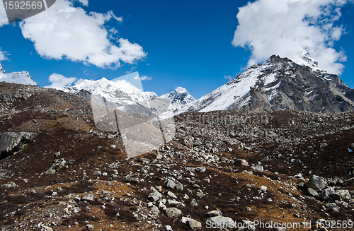 Image of Peaks and moraine near Gokyo in Himalayas
