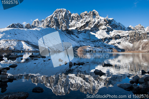 Image of Sacred Gokyo Lake and mountain peak in Himalayas