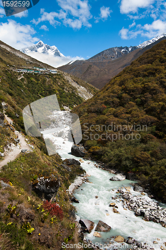 Image of Himalaya landscape: peak, river and highland village