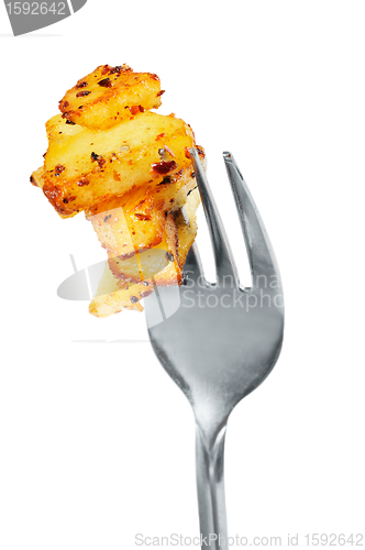 Image of Fried potatoes  on  a fork