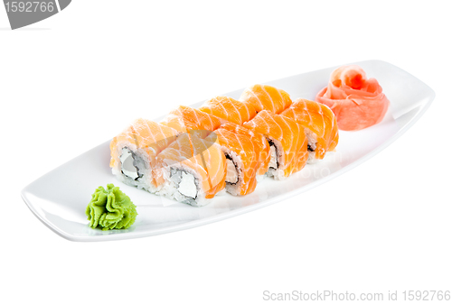 Image of Sushi (Roll unagi maki syake) on a white background