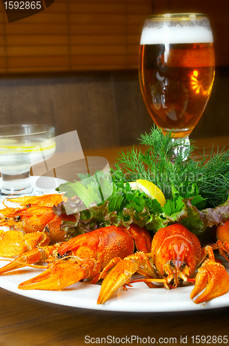 Image of Crayfishs with beer on a table at restaurant 