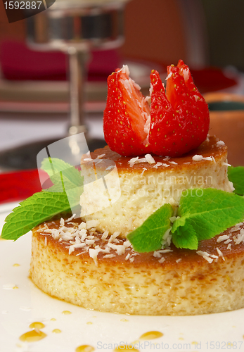 Image of Tasty dessert on a table at restaurant 