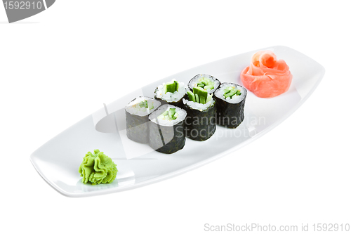 Image of Sushi (Kappa maki roll) on a white background
