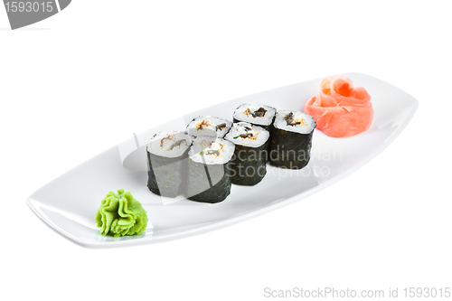 Image of Sushi (Unagi Roll) on a white background