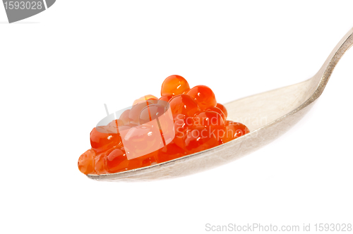 Image of Red caviar on the spoon, on a white background 