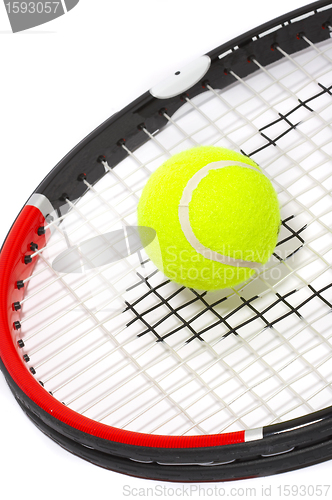 Image of Tennis racket with a ball on a white background.