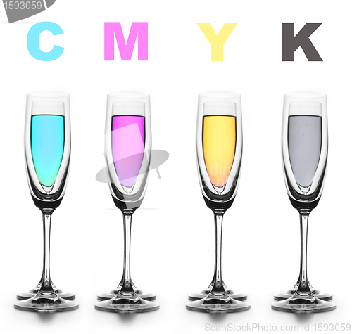 Image of Four glasses with a different liquid on color. CMYK.