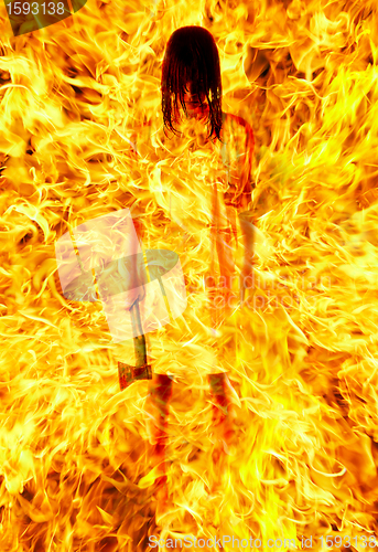 Image of girl with an axe in a fiery flame. on pain of death