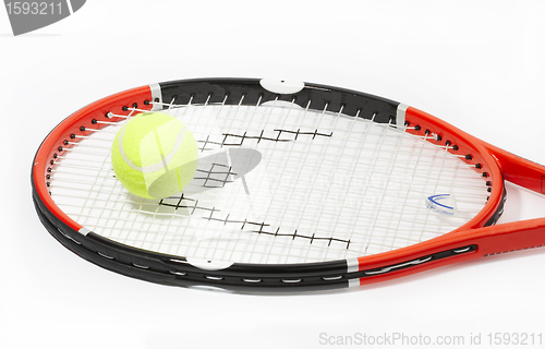 Image of Tennis racket with a ball on a white background.