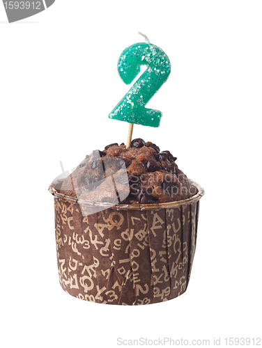 Image of Chocolate muffin with birthday candle for two year old