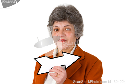 Image of Female senior with blank arrow