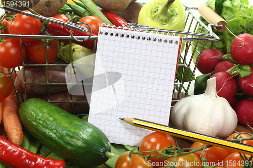 Image of shopping list with basket and fresh vegetables