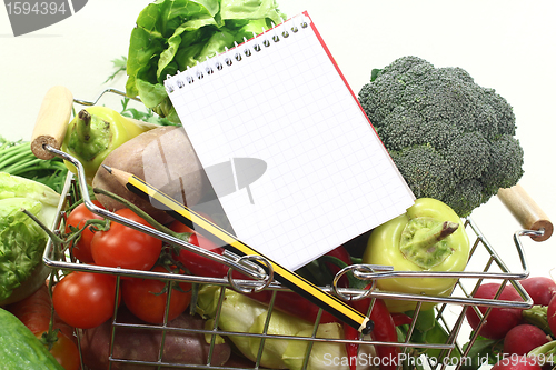 Image of shopping list with pencil, basket and fresh vegetables