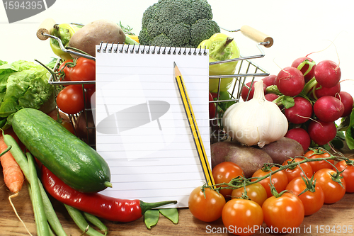 Image of shopping list with basket and vegetables