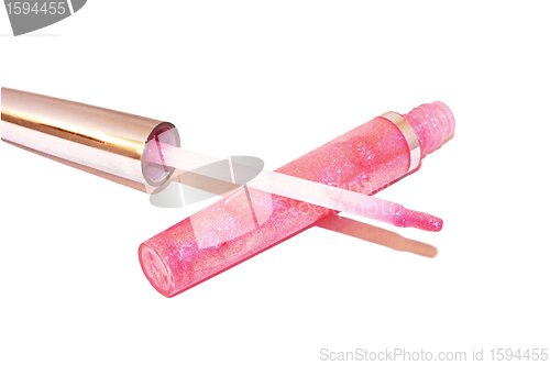 Image of Lipstick gloss pink cosmetic product on white background