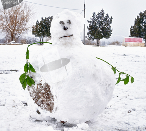 Image of Snowman creative with green leaf hands ecology symbol