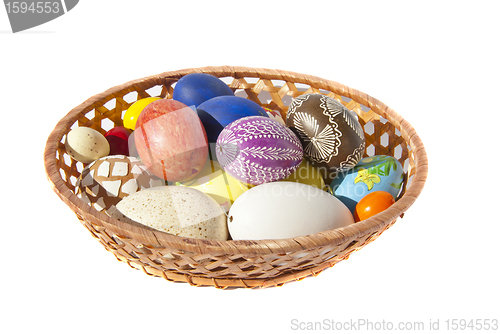 Image of Painted Easter eggs wicker dish table decoration 