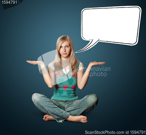 Image of woman in lotus pose with speech bubble
