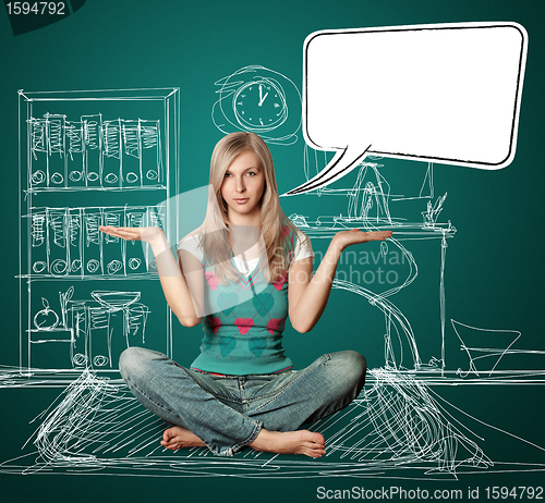 Image of woman in lotus pose with speech bubble