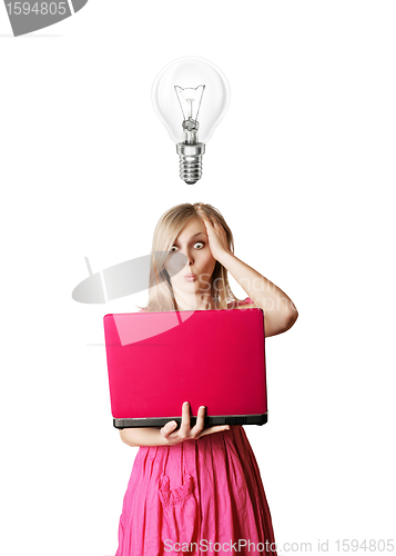 Image of blonde in pink dress with laptop and bulb