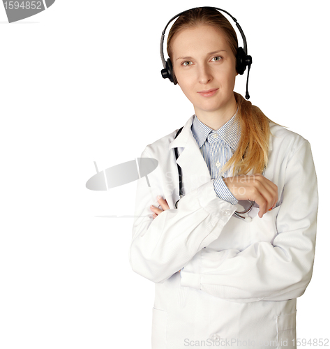 Image of doctor woman with headphones smile at camera