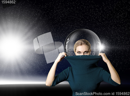 Image of fashion ninja woman in space with glass space-suit