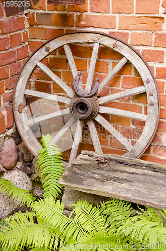 Image of Antique wooden carriage wheel.