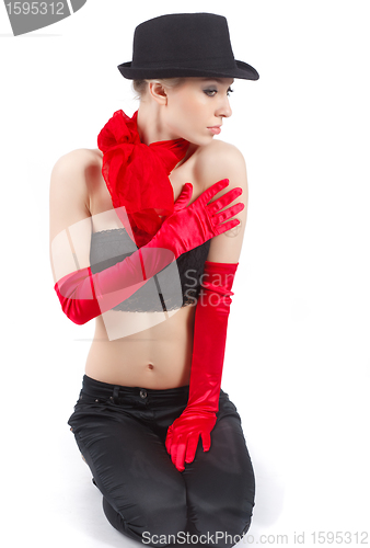 Image of Red gloves and black hat.