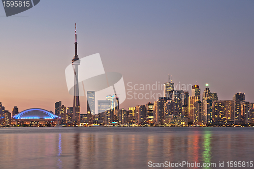 Image of Toronto night skyline CN Tower downtown skyscrapers sunset Canad