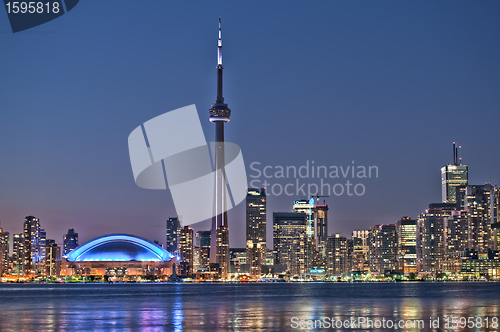 Image of Toronto night skyline CN Tower downtown skyscrapers sunset Canad