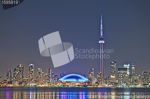 Image of Toronto night skyline CN Tower downtown skyscrapers sunset Canad