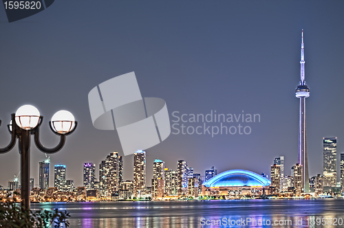 Image of Toronto night skyline CN Tower downtown skyscrapers sunset Canad