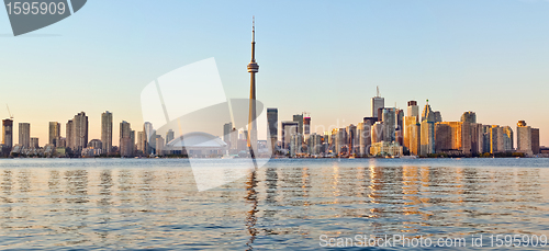 Image of Toronto night skyline CN Tower downtown skyscrapers sunset Canad